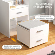 Cushioned wheeled stool with a removable washable cover rolling under the table