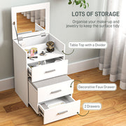 Dressing table storage features: divided tabletop, drawer, decorative faux drawer and 2 drawers