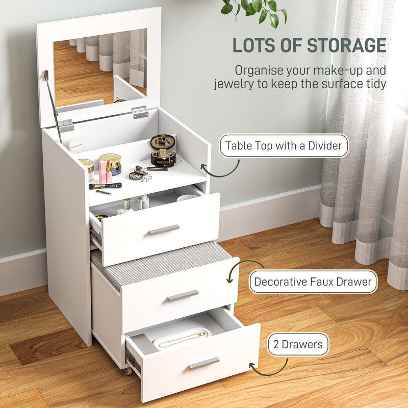 Dressing table storage features: divided tabletop, drawer, decorative faux drawer and 2 drawers