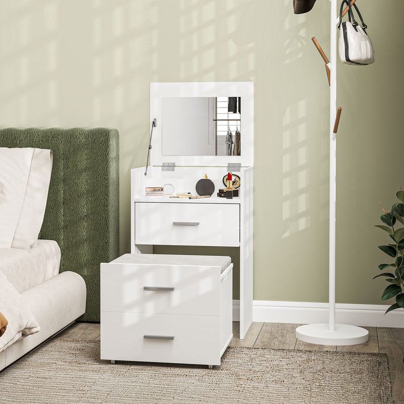 Dressing table and stool seen from a higher angle in a green bedroom