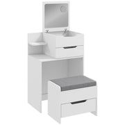 White dressing table with flip-up mirror, drawer, open shelf and grey-cushioned storage stool