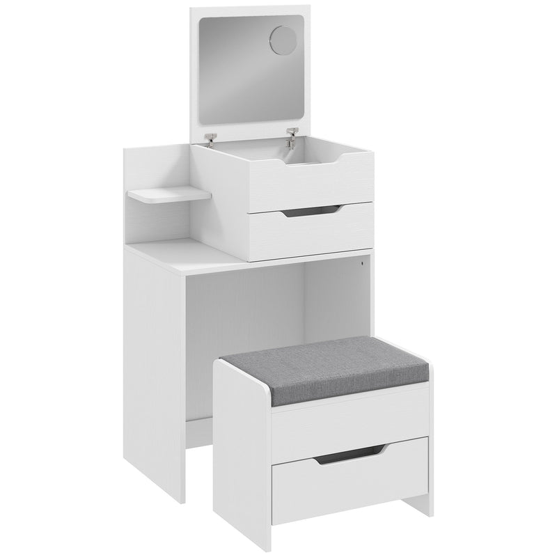 White dressing table with flip-up mirror, drawer, open shelf and grey-cushioned storage stool
