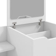 Close-up of the lid hinges and storage compartment inside the vanity