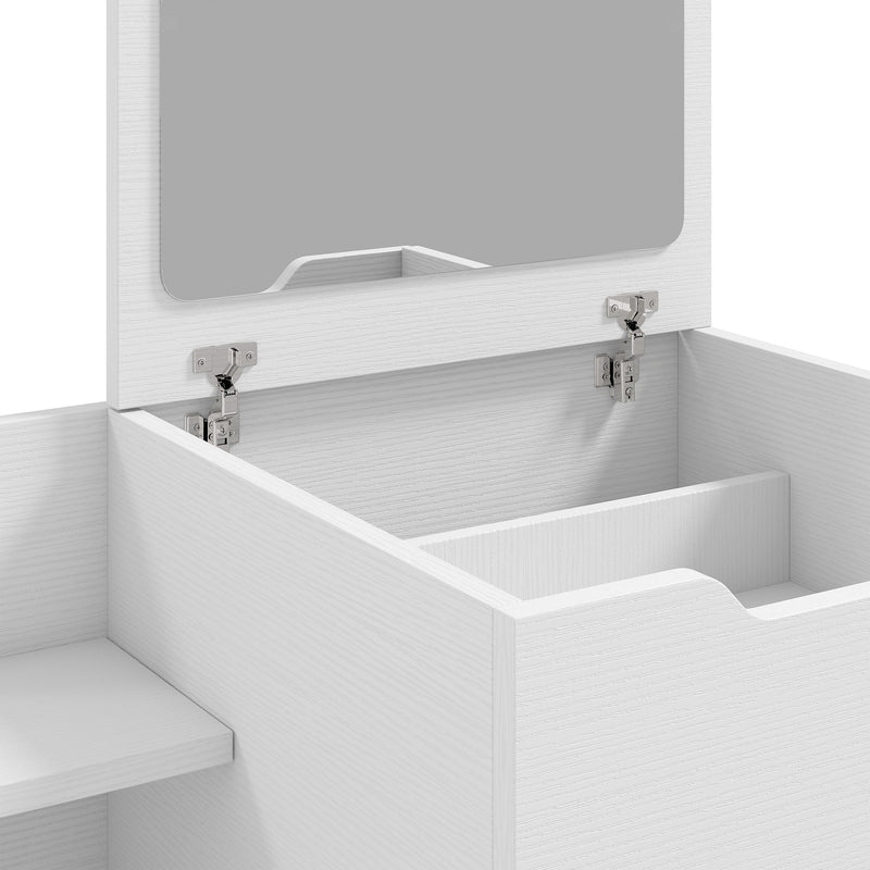 Close-up of the lid hinges and storage compartment inside the vanity