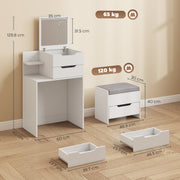 Dimensions diagram showing the 60 cm wide, 129.8 cm high table and 48.9 cm wide stool