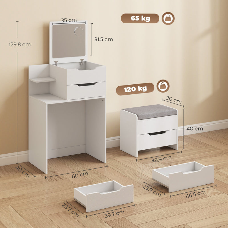 Dimensions diagram showing the 60 cm wide, 129.8 cm high table and 48.9 cm wide stool