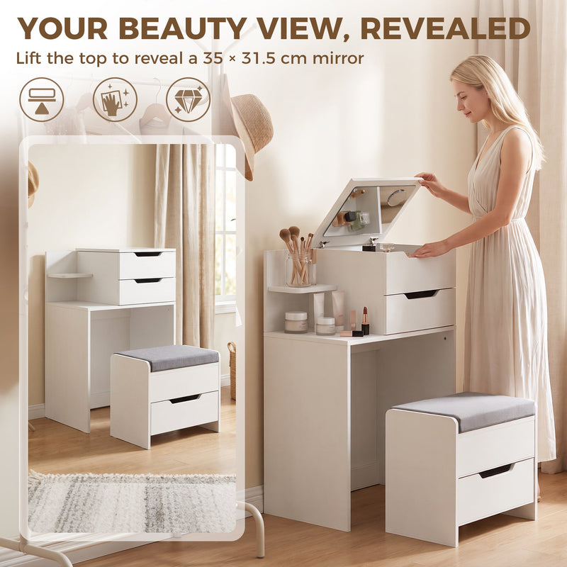 Woman lifting the vanity lid to reveal the 35 x 31.5 cm mirror