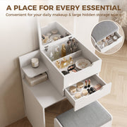 Open flip-top compartment and drawer holding makeup, brushes and perfume