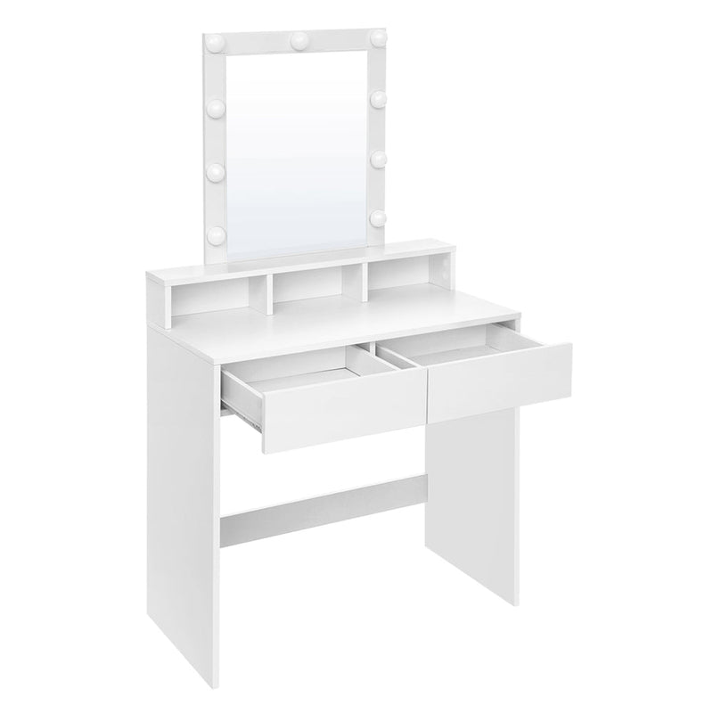 Vasagle white dressing table with Hollywood-style lighted mirror, two drawers and open shelf