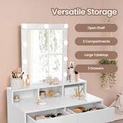 Storage diagram highlighting the open shelf, three compartments, large tabletop and two drawers