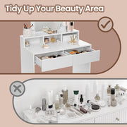 Before and after graphic showing the dressing table tidying a cluttered beauty area