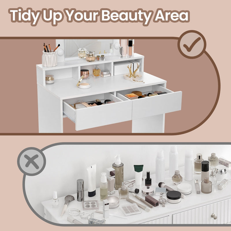 Before and after graphic showing the dressing table tidying a cluttered beauty area