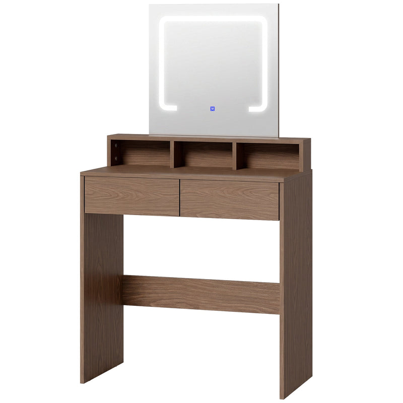Homcom walnut dressing table with LED mirror and two drawers, studio view