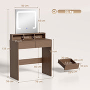 Dimension diagram of the dressing table showing 75 x 38 x 135 cm frame and mirror size