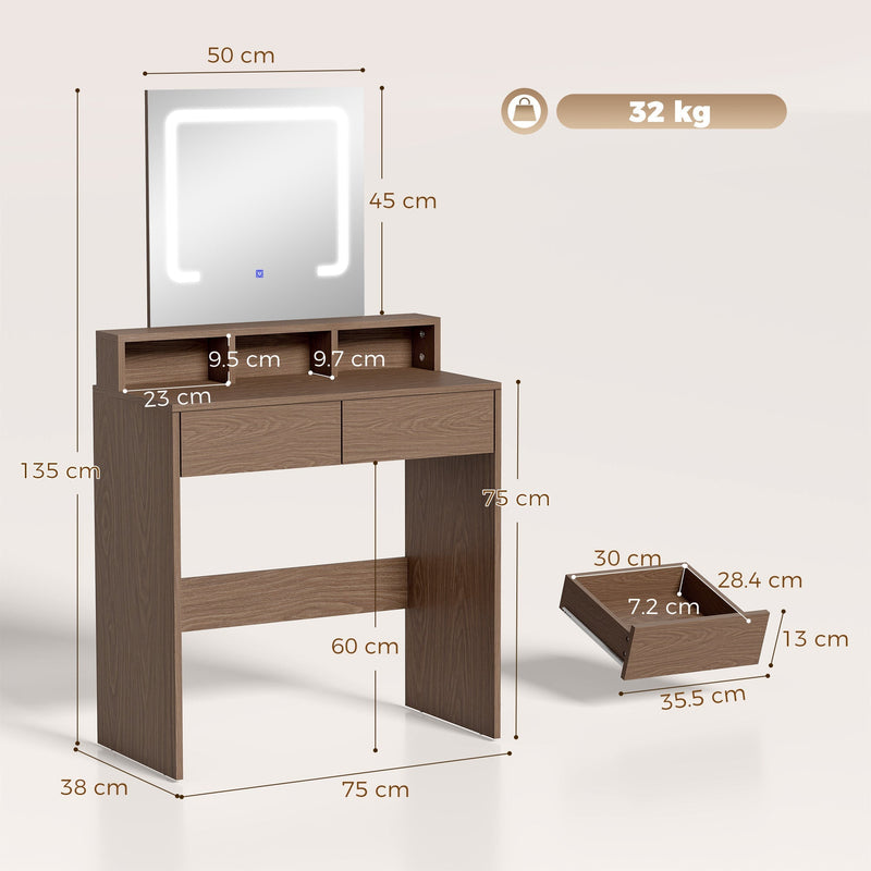 Dimension diagram of the dressing table showing 75 x 38 x 135 cm frame and mirror size
