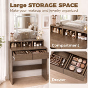 Open drawers and compartments showing makeup and jewellery storage space