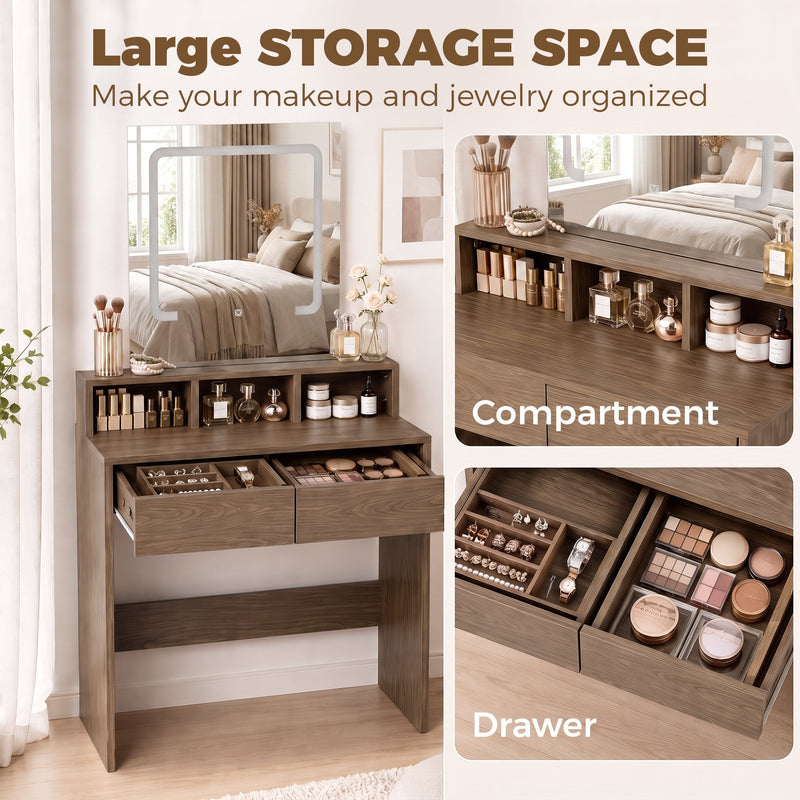Open drawers and compartments showing makeup and jewellery storage space