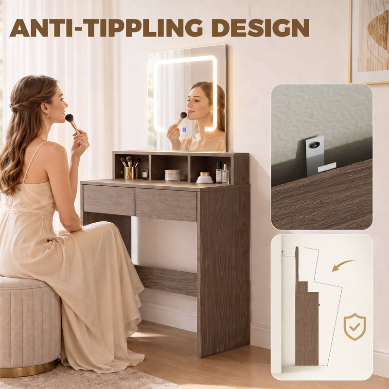 Close-up of the anti-tipping wall-fixing hardware on the back of the dressing table