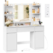 White dressing table with a lit LED mirror, 3 drawers, 2 cupboards and side shelves, shown with its power strip