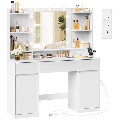 White dressing table with a lit LED mirror, 3 drawers, 2 cupboards and side shelves, shown with its power strip