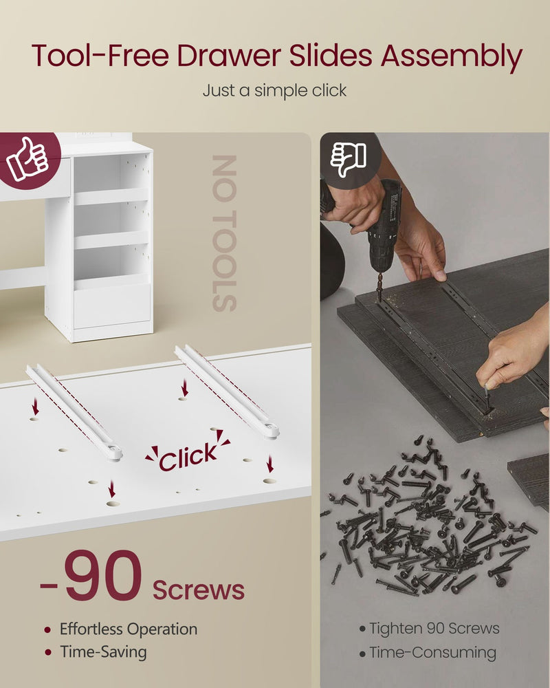 Tool-free drawer slides clicking into place, compared with drilling and a pile of 90 screws