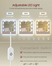 The three LED settings side by side, 6000K cool, 4000K natural and 3000K warm, with the inline dimmer switch