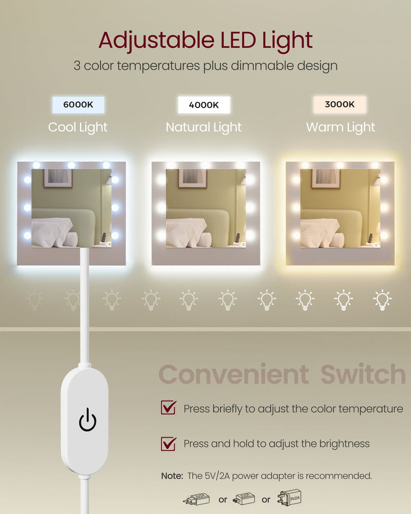 The three LED settings side by side, 6000K cool, 4000K natural and 3000K warm, with the inline dimmer switch