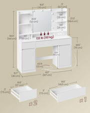 Dimensions diagram of the dressing table: 107 cm wide, 40 cm deep, 144 cm tall, 75 cm desk height and drawer sizes