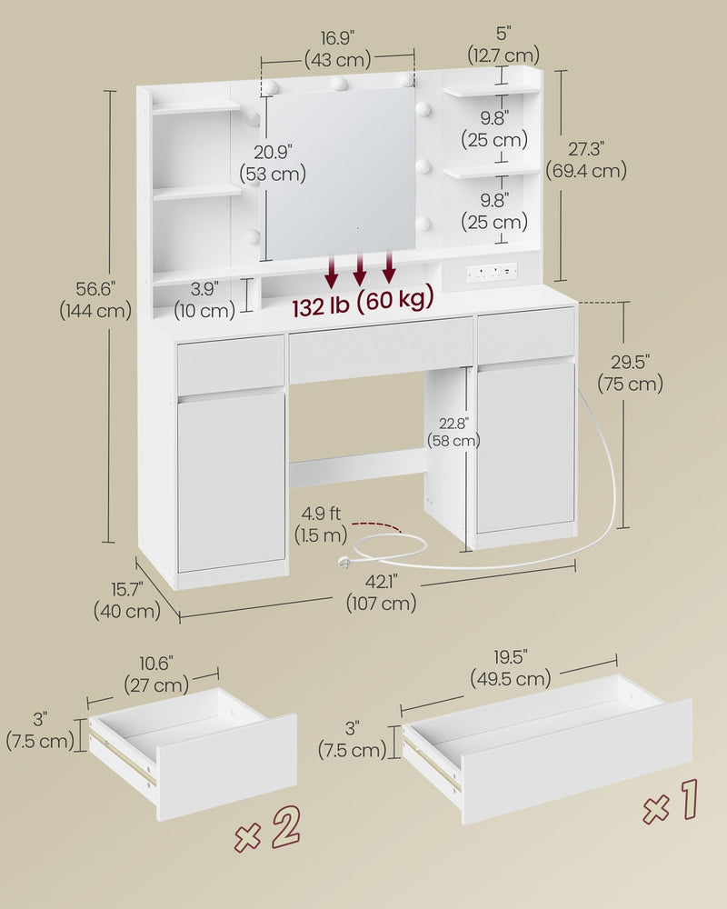 Dimensions diagram of the dressing table: 107 cm wide, 40 cm deep, 144 cm tall, 75 cm desk height and drawer sizes