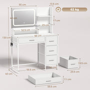Dimensions diagram of the white dressing table showing mirror, drawer and shelf sizes
