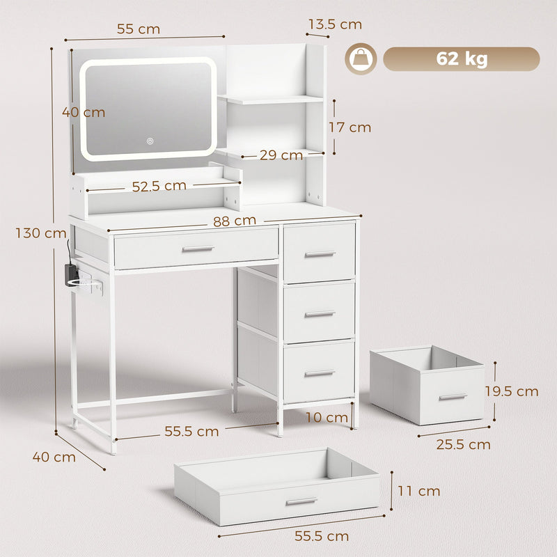 Dimensions diagram of the white dressing table showing mirror, drawer and shelf sizes