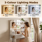 Dressing table mirror showing warm, neutral and cool white lighting modes