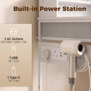 Close-up of the dressing table's built-in power station with 2 AC outlets, USB and Type-C ports