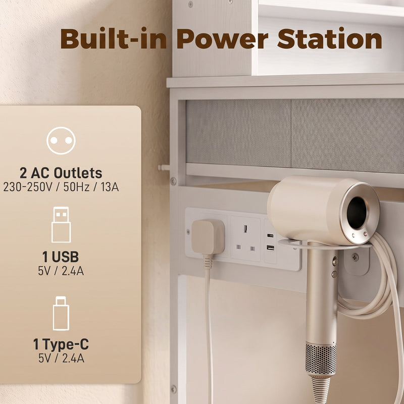 Close-up of the dressing table's built-in power station with 2 AC outlets, USB and Type-C ports