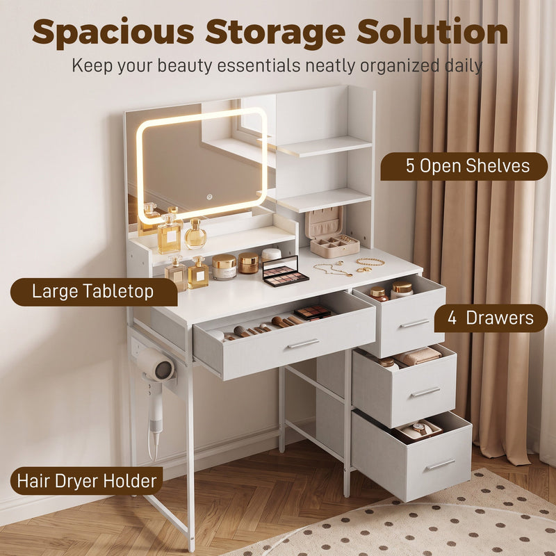 Dressing table callout showing 5 open shelves, large tabletop, 4 drawers and hair dryer holder