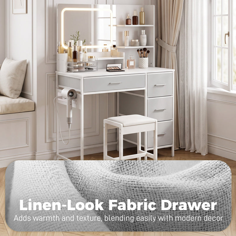 Close-up of a linen-look fabric drawer front on the dressing table