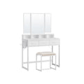 White dressing table with tri-fold mirror, 3 drawers and matching stool on a plain background
