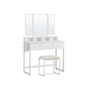 White dressing table with tri-fold mirror, 3 drawers and matching stool on a plain background