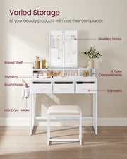 Labelled view showing jewellery hooks, raised shelf, 4 open compartments and 3 drawers