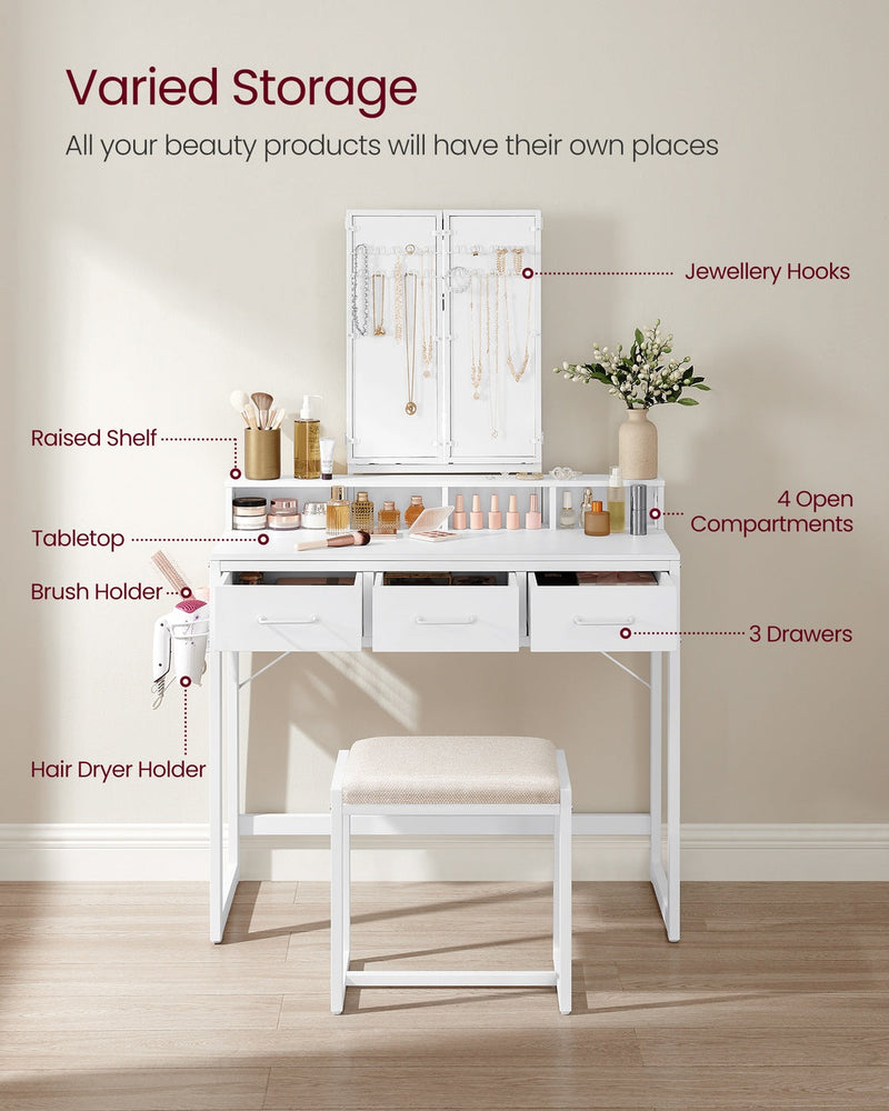 Labelled view showing jewellery hooks, raised shelf, 4 open compartments and 3 drawers