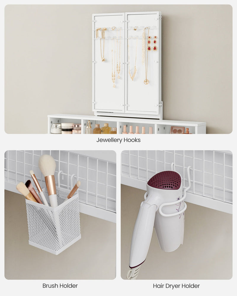 Close views of the jewellery hooks behind the mirror, the brush holder and the hair dryer holder