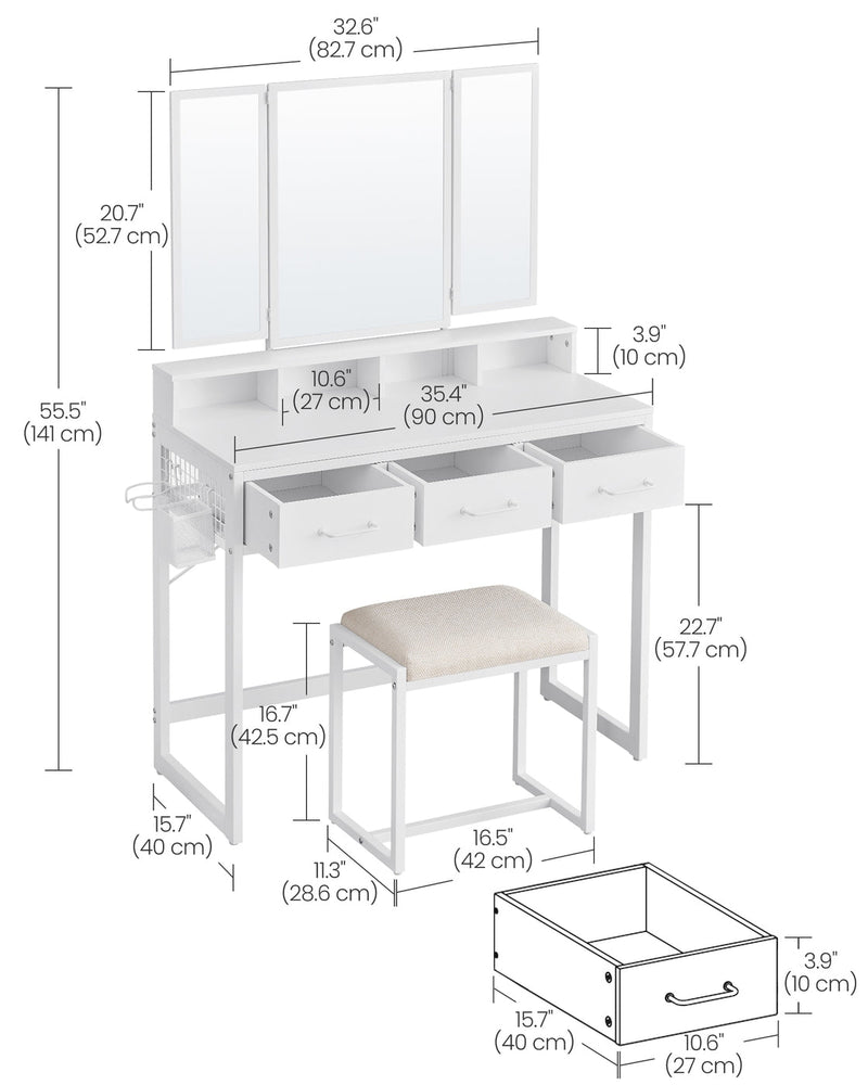 Dimension diagram of the table, mirror, stool and drawer interior in centimetres
