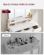 Comparison of a cluttered vanity top and the same items tidied into the dressing table