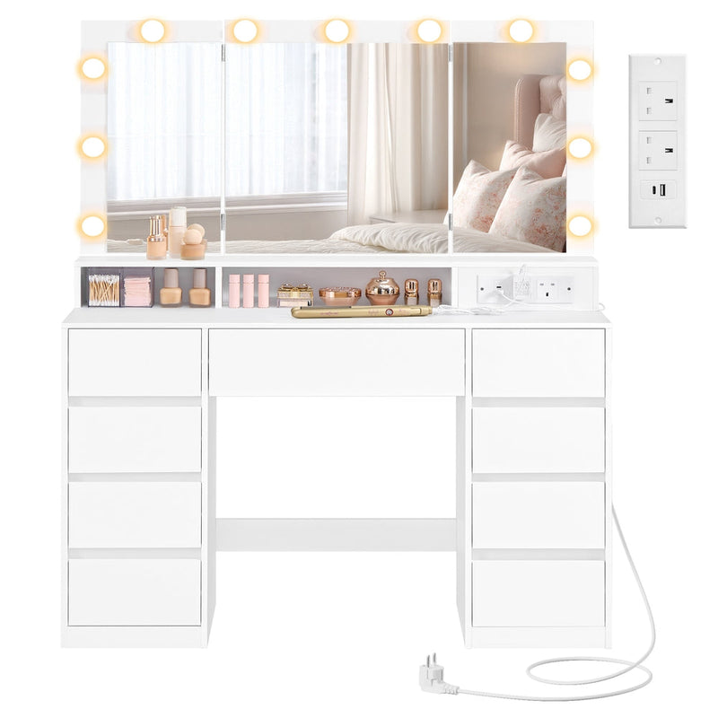 Cloud White dressing table with tri-fold mirror lit by 11 bulbs, 9 drawers and a panel of 2 UK sockets with USB ports