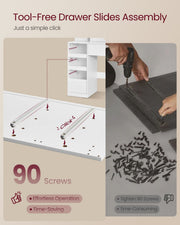 Graphic comparing click-in tool-free drawer slides with fixing 90 screws using a drill