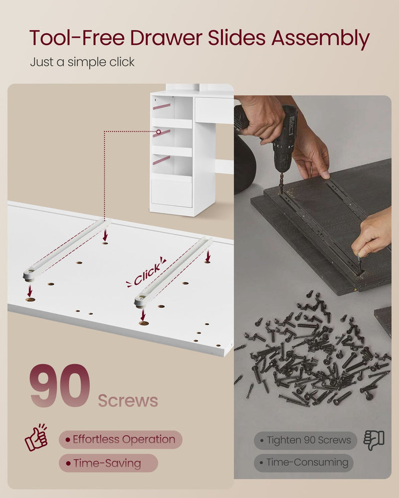 Graphic comparing click-in tool-free drawer slides with fixing 90 screws using a drill