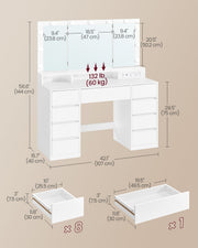 Dimensions diagram showing 107 x 40 x 144 cm, 75 cm desk height, 60 kg top load and drawer interior sizes
