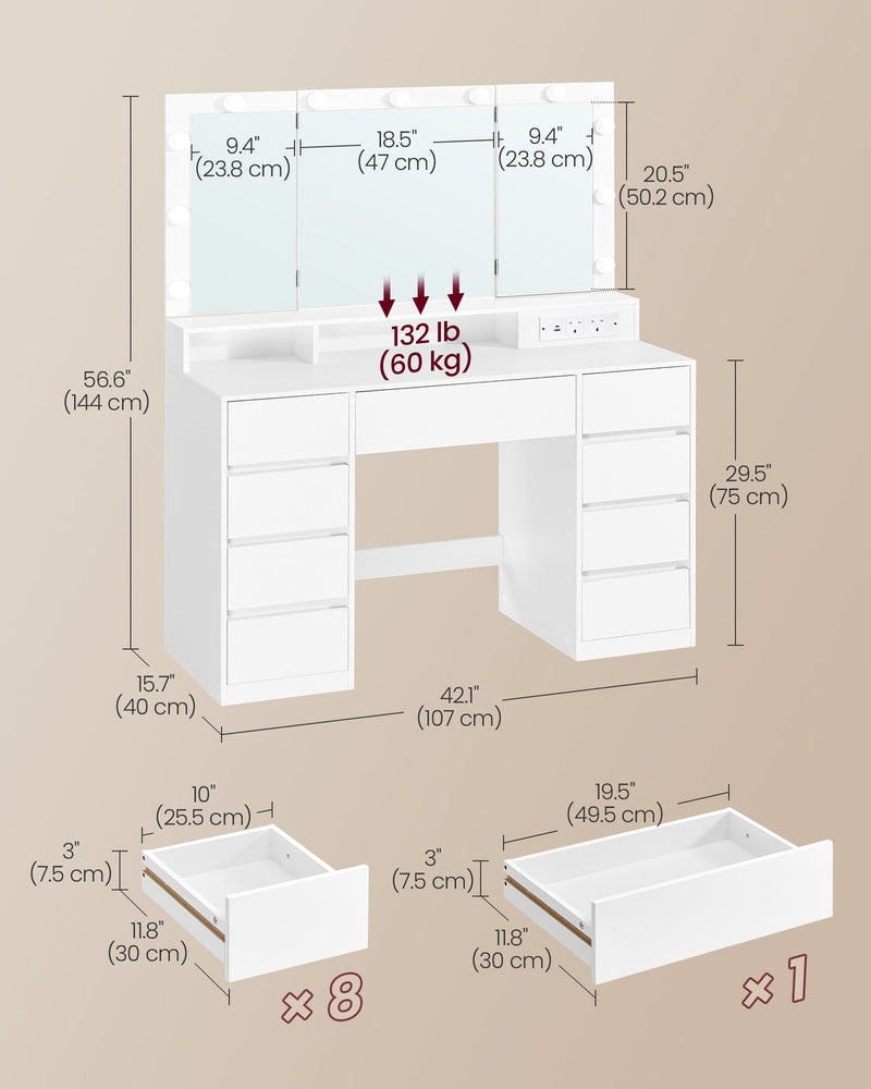 Dimensions diagram showing 107 x 40 x 144 cm, 75 cm desk height, 60 kg top load and drawer interior sizes