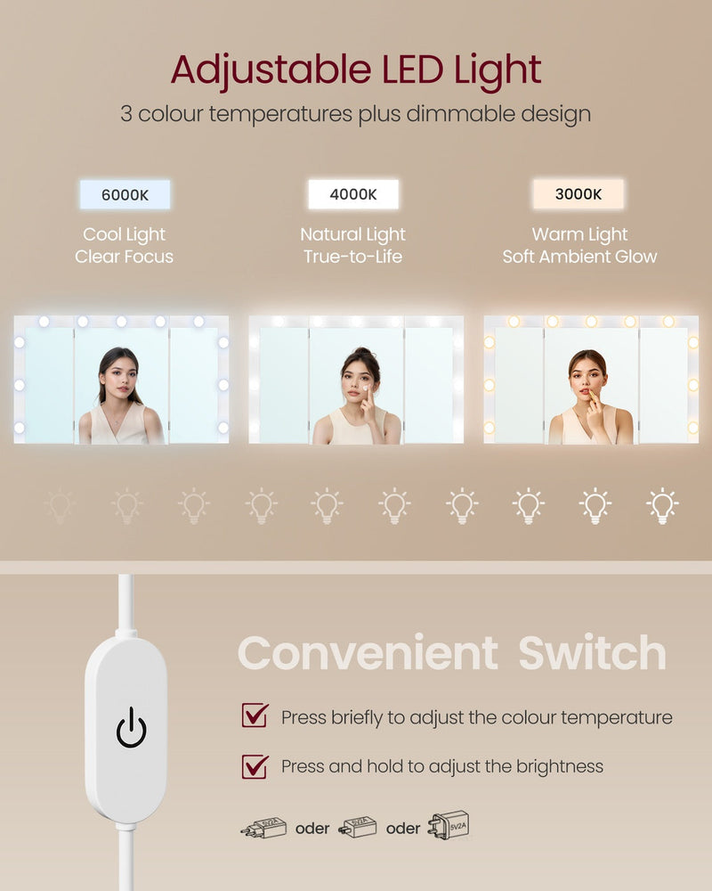 Panel showing cool, natural and warm light settings, dimming levels and the inline power switch