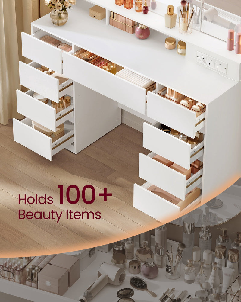 Open drawers filled with make-up and beauty products, seen from above the desk